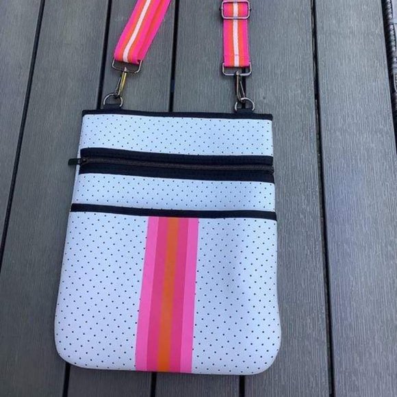 White Neoprene Crossbody with Pink & Orange Stripe - Picture 2 of 3
